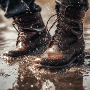 a_close_up_of_leather_boots_being_hosed_with_water